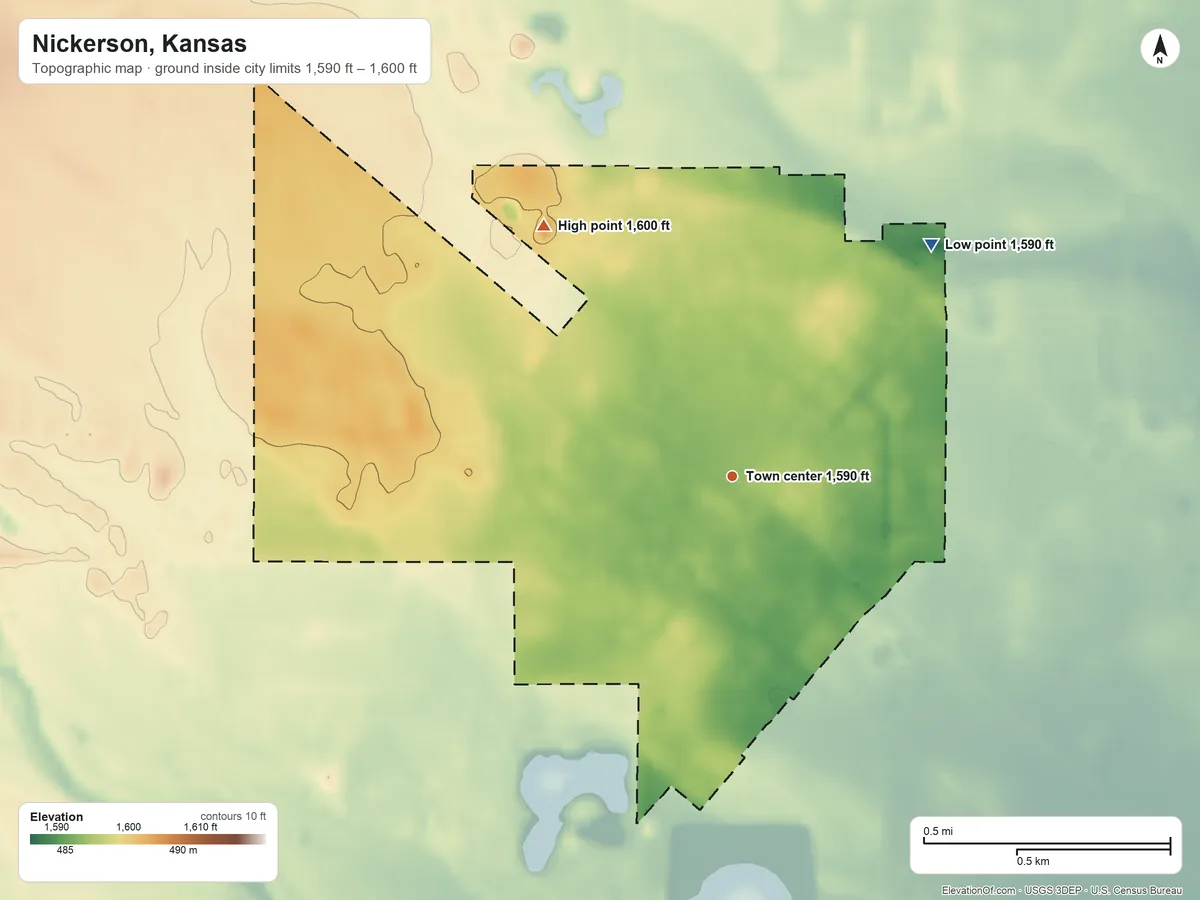 Topographic elevation map of Nickerson, Kansas, shaded from 1,590 ft on the northeast side to 1,600 ft on the northwest side