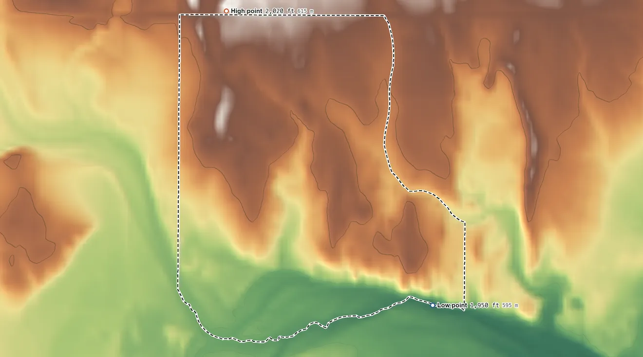 Topographic elevation map of Nicodemus, Kansas, shaded from 1,950 ft on the southeast side to 2,020 ft on the northwest side
