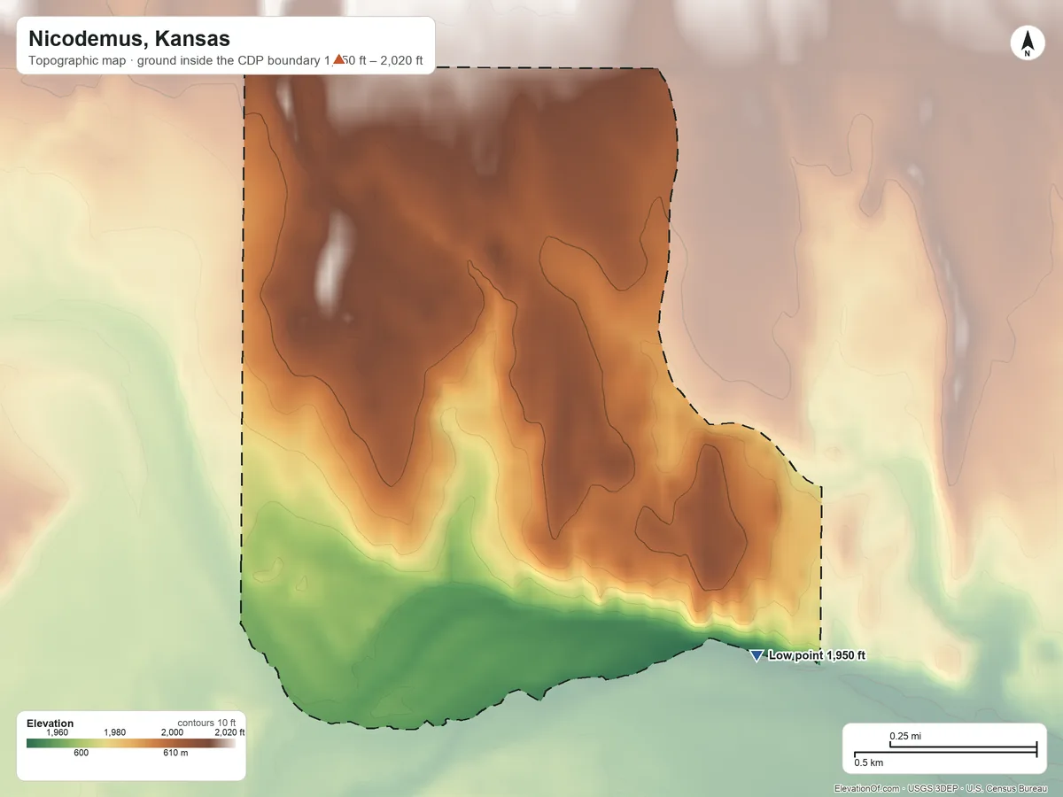 Topographic elevation map of Nicodemus, Kansas, shaded from 1,950 ft on the southeast side to 2,020 ft on the northwest side