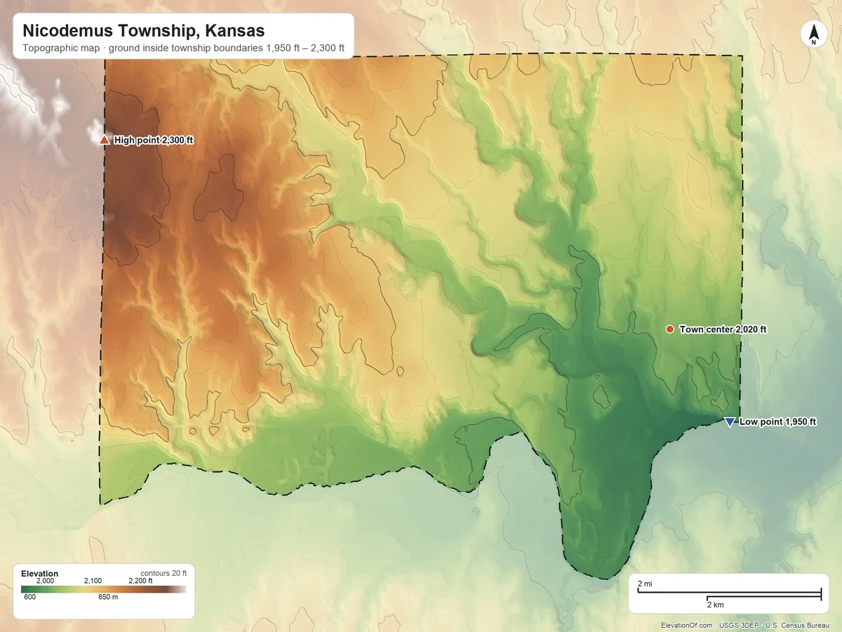Topographic elevation map of Nicodemus Township, Kansas, shaded from 1,950 ft on the southeast side to 2,300 ft on the west side