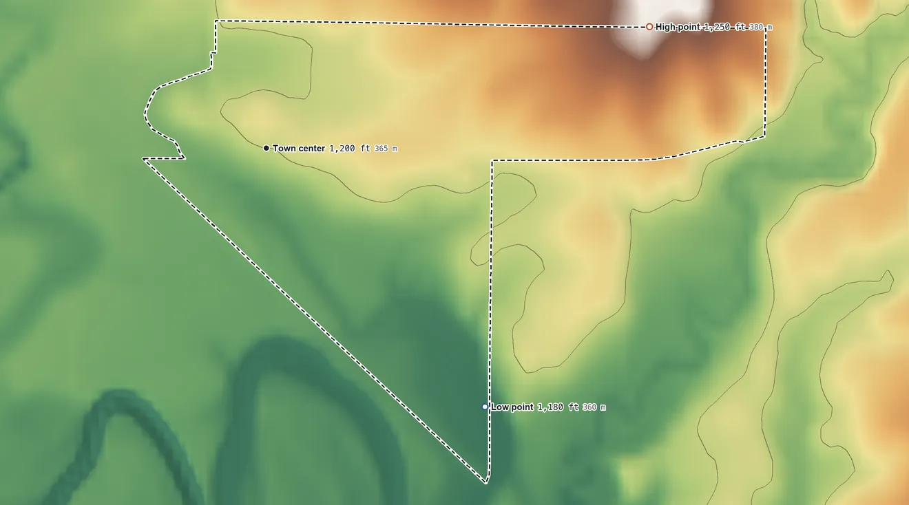 Topographic elevation map of Niles, Kansas, shaded from 1,180 ft on the southeast side to 1,250 ft on the east side
