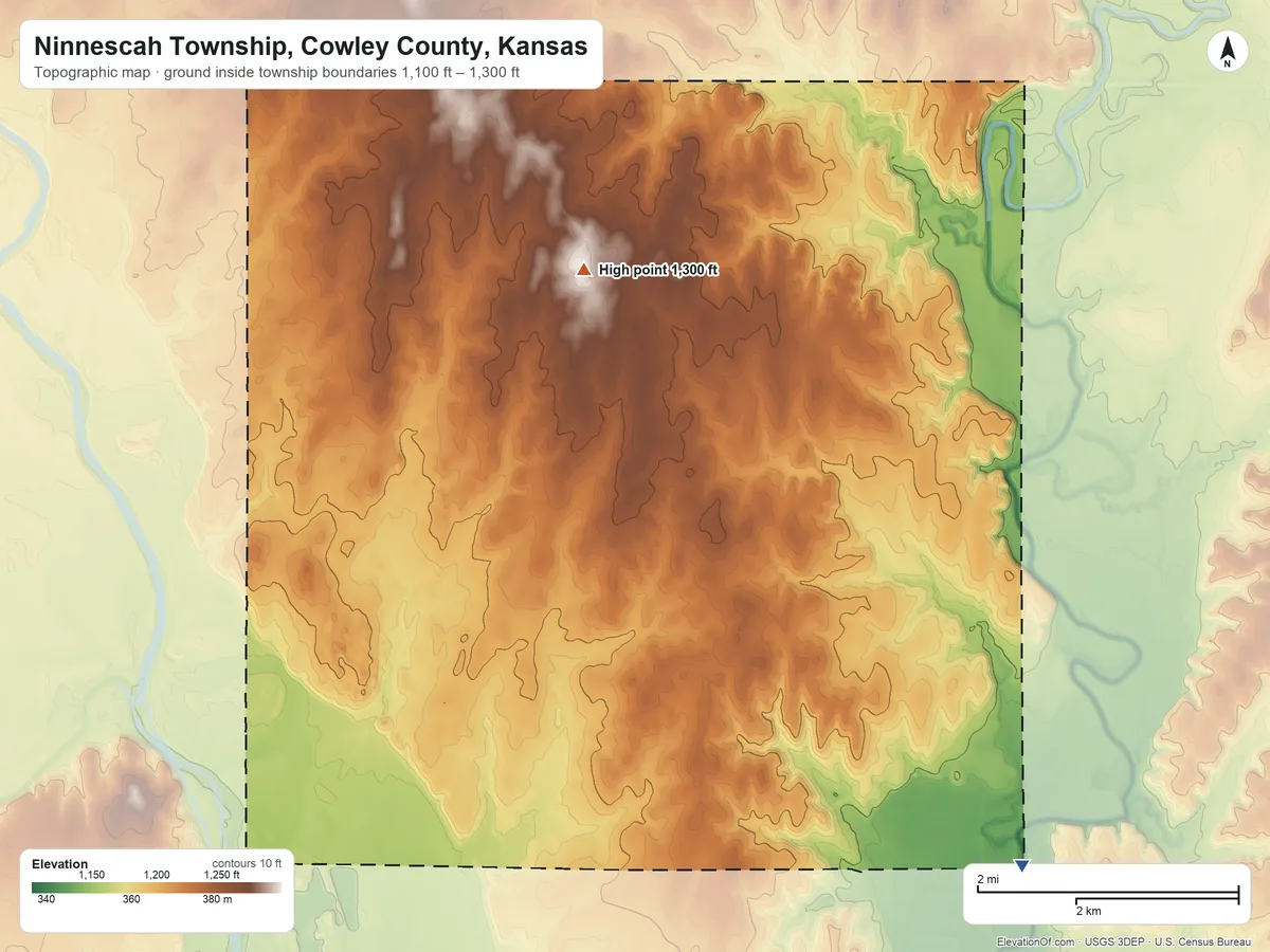Topographic elevation map of Ninnescah Township, Cowley County, Kansas, shaded from 1,100 ft on the southeast side to 1,300 ft on the southeast side
