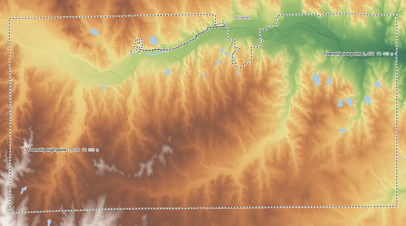 Topographic elevation map of Ninnescah Township, Kingman County, Kansas, shaded from 1,460 ft on the east side to 1,690 ft on the west side