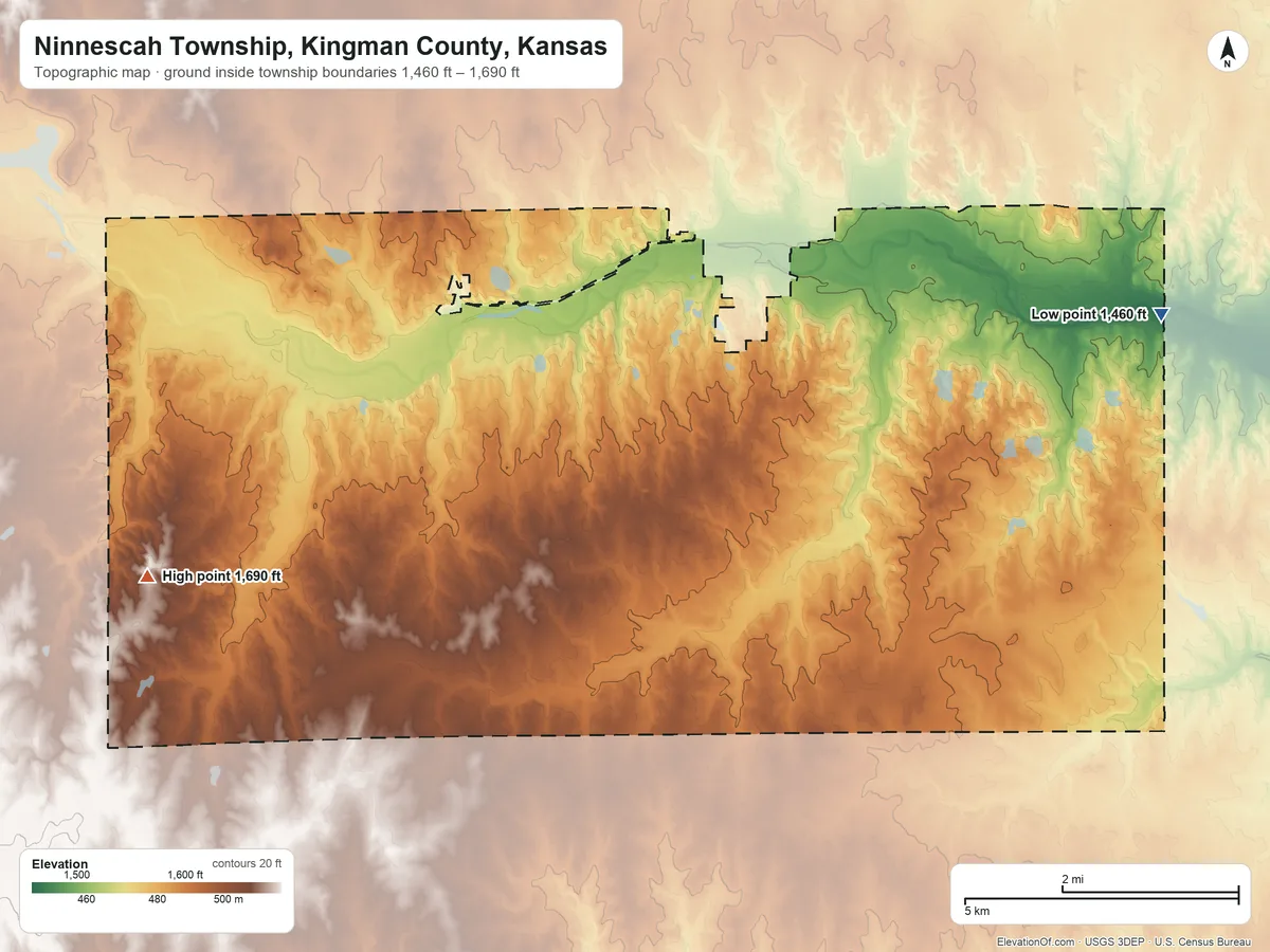 Topographic elevation map of Ninnescah Township, Kingman County, Kansas, shaded from 1,460 ft on the east side to 1,690 ft on the west side