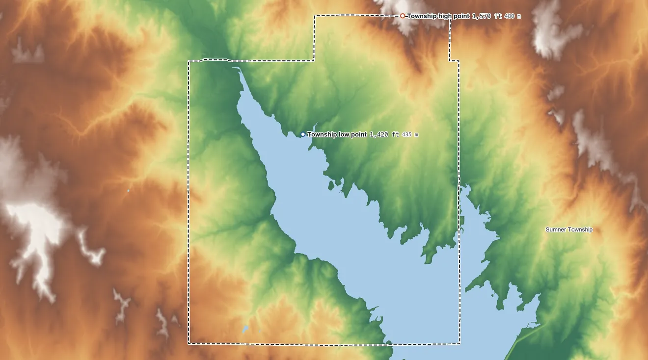 Topographic elevation map of Ninnescah Township, Reno County, Kansas, shaded from 1,420 ft on the northeast side to 1,570 ft on the northeast side