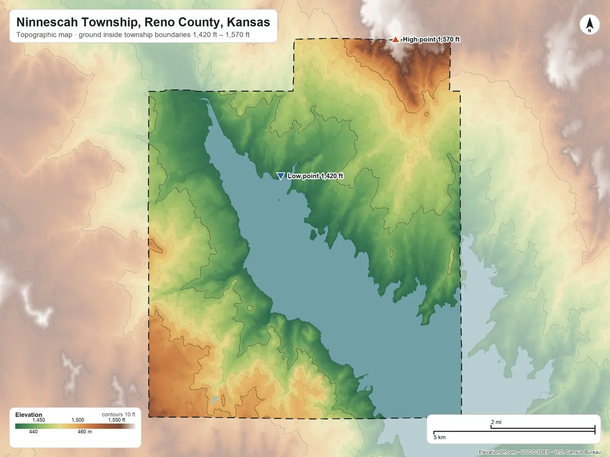 Topographic elevation map of Ninnescah Township, Reno County, Kansas, shaded from 1,420 ft on the northeast side to 1,570 ft on the northeast side