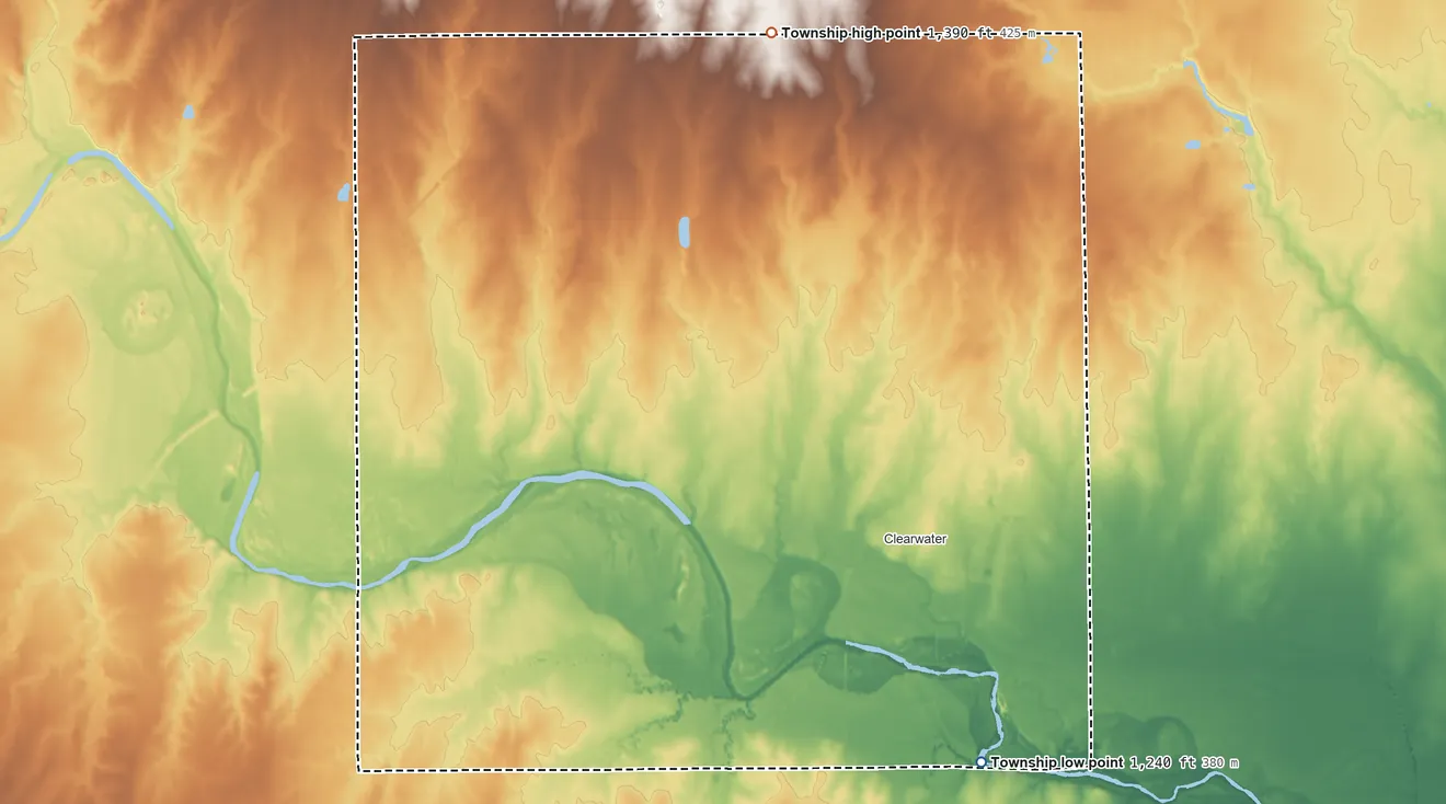 Topographic elevation map of Ninnescah Township, Kansas, shaded from 1,240 ft on the south side to 1,390 ft on the north side