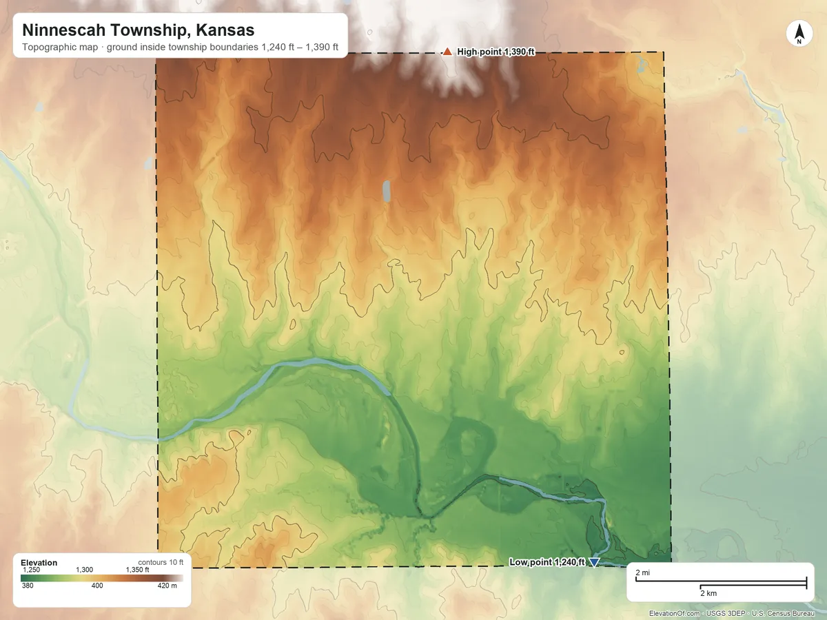 Topographic elevation map of Ninnescah Township, Kansas, shaded from 1,240 ft on the south side to 1,390 ft on the north side