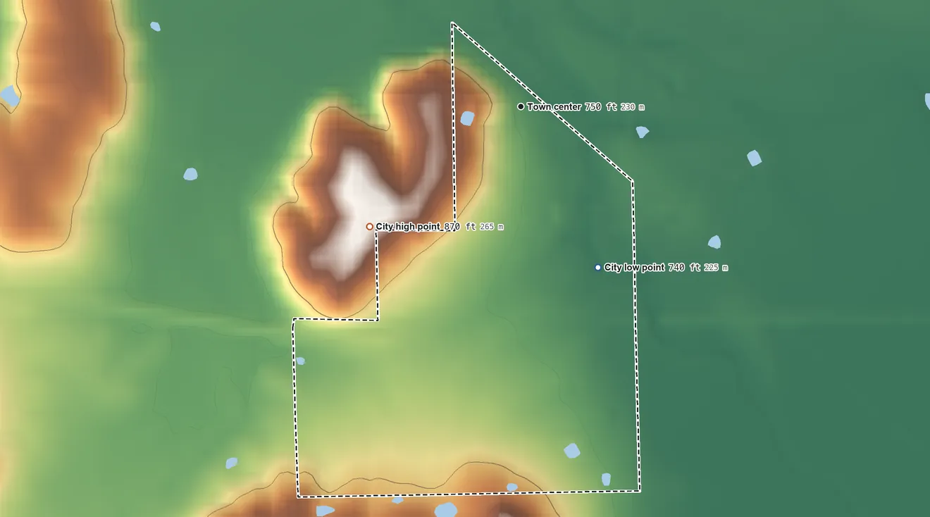 Topographic elevation map of Niotaze, Kansas, shaded from 740 ft on the southeast side to 870 ft on the southwest side