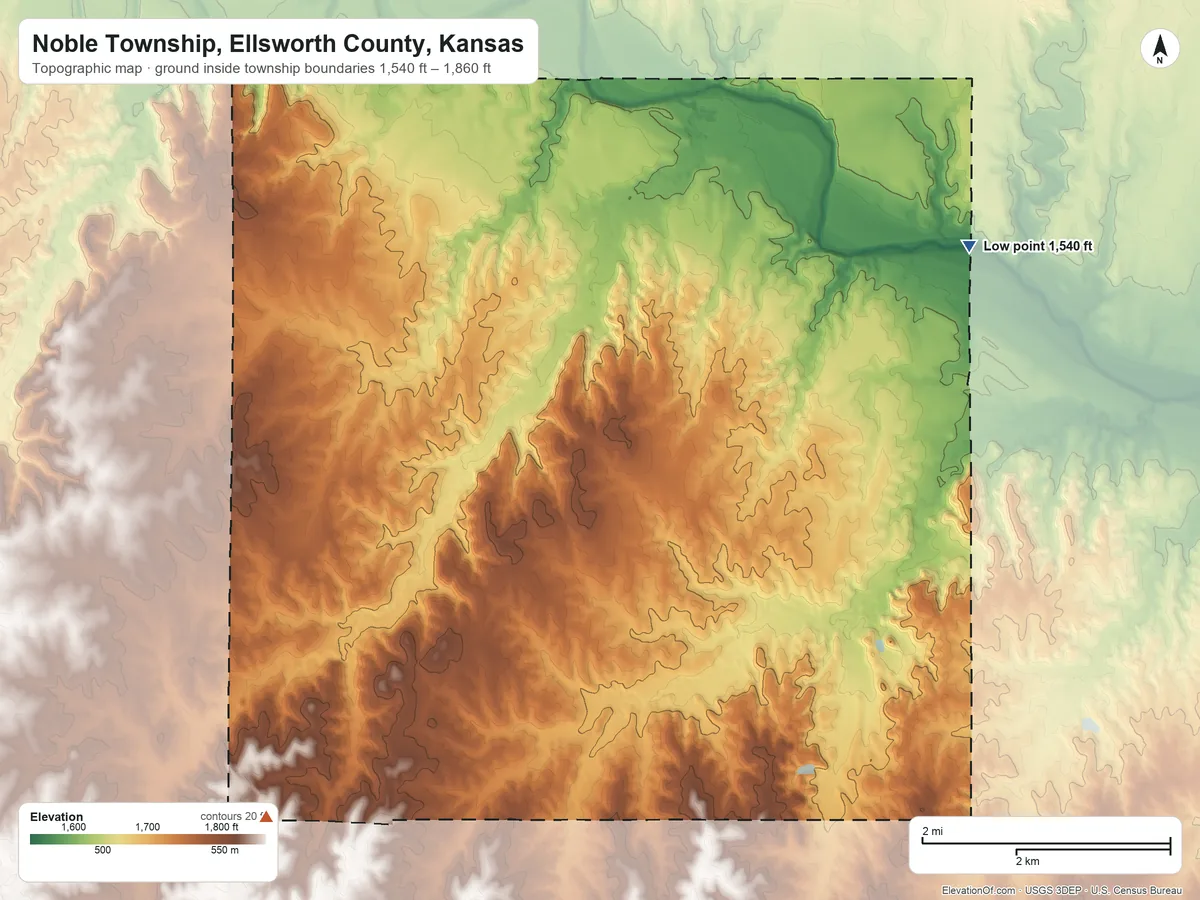 Topographic elevation map of Noble Township, Ellsworth County, Kansas, shaded from 1,540 ft on the east side to 1,860 ft on the southwest side
