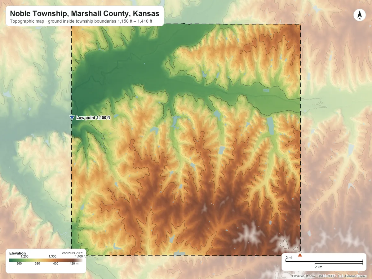 Topographic elevation map of Noble Township, Marshall County, Kansas, shaded from 1,150 ft on the west side to 1,410 ft on the southeast side