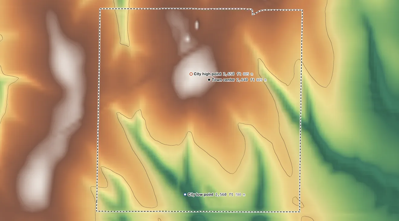 Topographic elevation map of Norcatur, Kansas, shaded from 2,560 ft on the south side to 2,650 ft near the middle