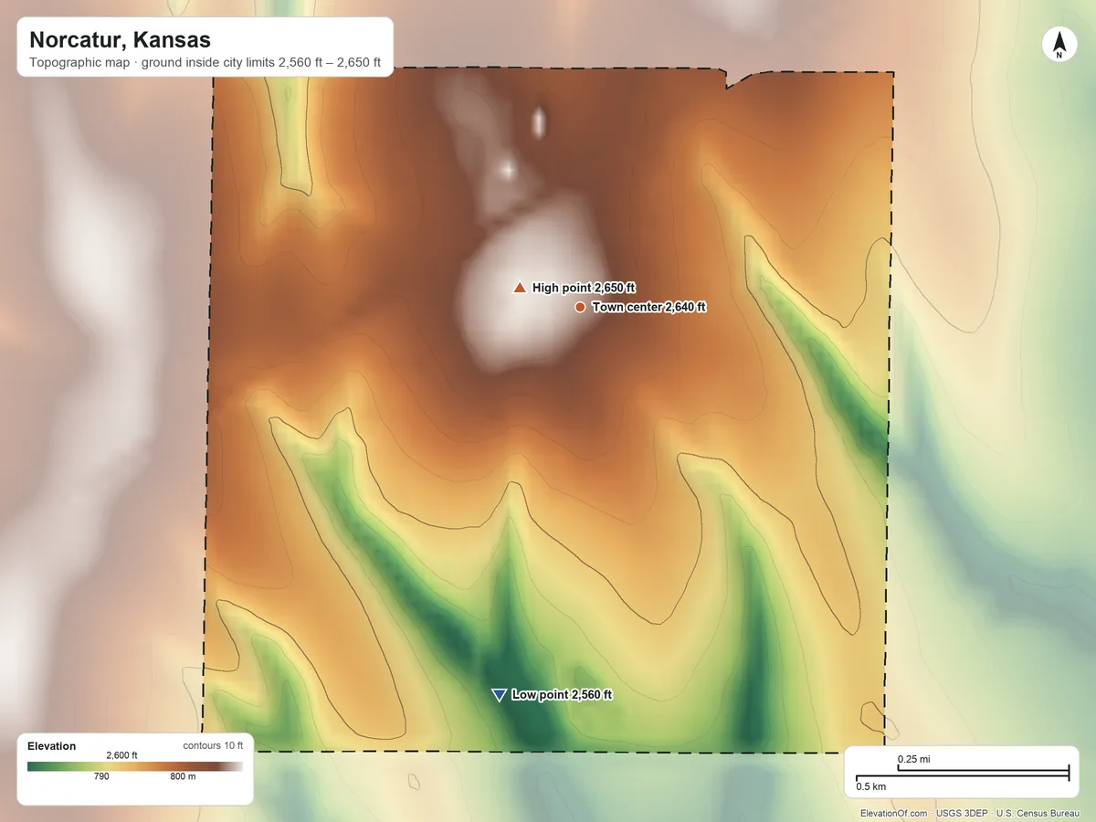 Topographic elevation map of Norcatur, Kansas, shaded from 2,560 ft on the south side to 2,650 ft near the middle