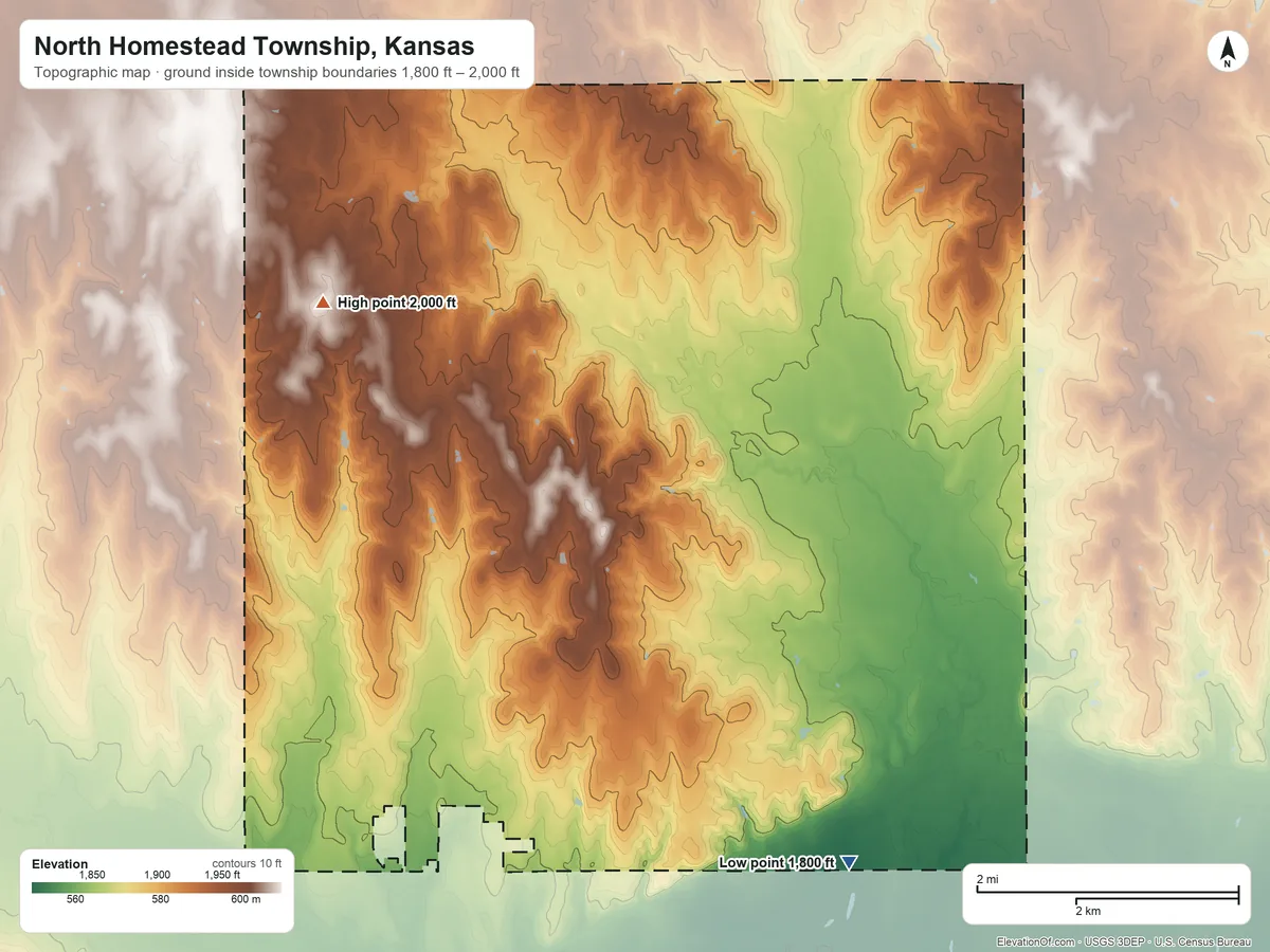 Topographic elevation map of North Homestead Township, Kansas, shaded from 1,800 ft on the southeast side to 2,000 ft on the northwest side