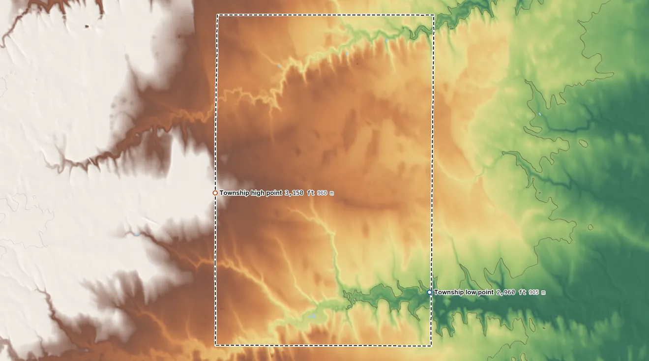 Topographic elevation map of North Randall Township, Kansas, shaded from 2,960 ft on the southeast side to 3,150 ft on the west side
