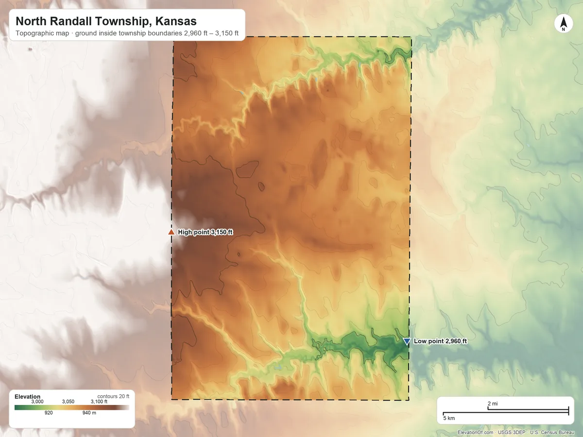 Topographic elevation map of North Randall Township, Kansas, shaded from 2,960 ft on the southeast side to 3,150 ft on the west side