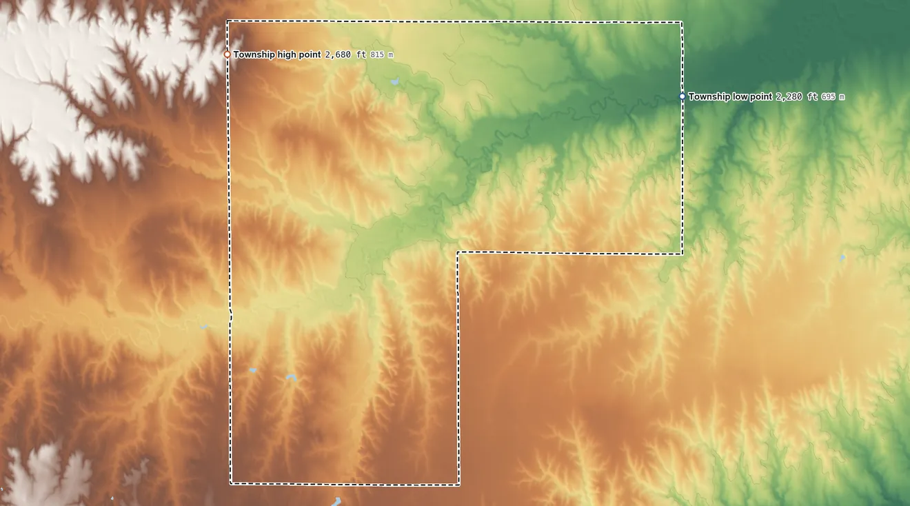 Topographic elevation map of North Roscoe Township, Kansas, shaded from 2,280 ft on the northeast side to 2,680 ft on the northwest side