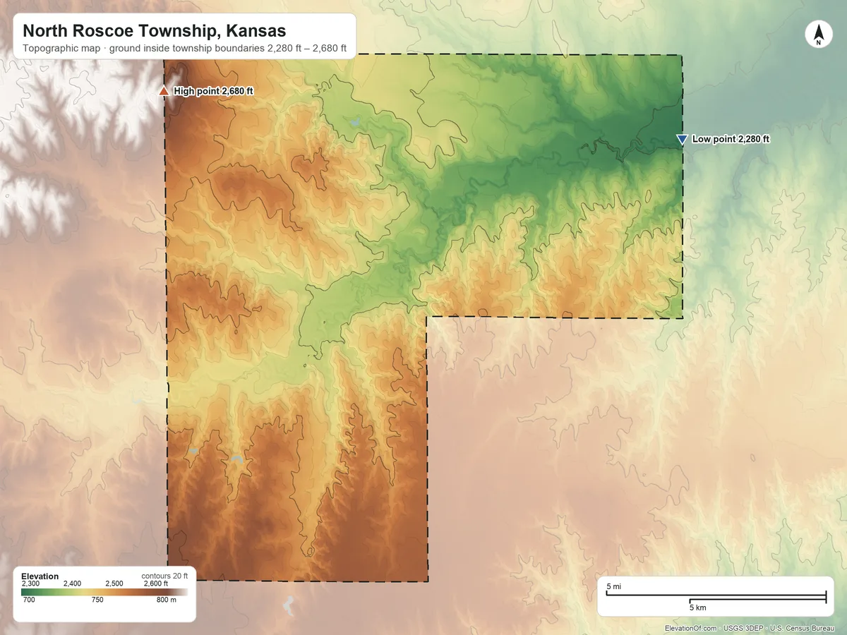 Topographic elevation map of North Roscoe Township, Kansas, shaded from 2,280 ft on the northeast side to 2,680 ft on the northwest side