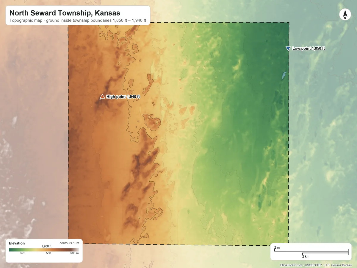 Topographic elevation map of North Seward Township, Kansas, shaded from 1,850 ft on the northeast side to 1,940 ft on the northwest side