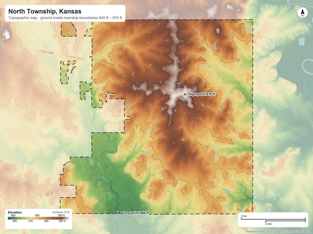 Topographic elevation map of North Township, Kansas, shaded from 840 ft on the south side to 970 ft on the east side