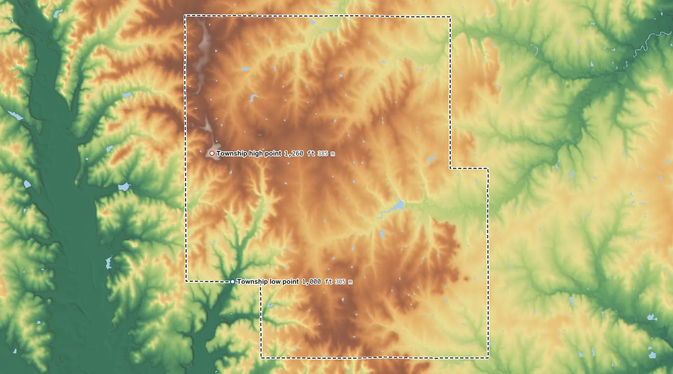 Topographic elevation map of North Township, Woodson County, Kansas, shaded from 1,000 ft on the west side to 1,260 ft on the west side