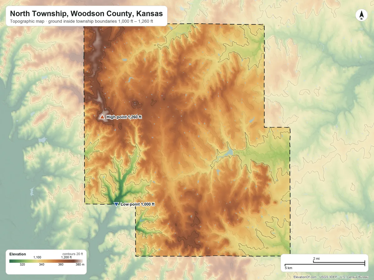 Topographic elevation map of North Township, Woodson County, Kansas, shaded from 1,000 ft on the west side to 1,260 ft on the west side