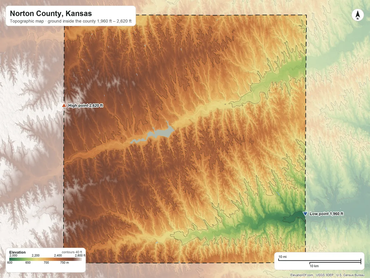 Topographic elevation map of Norton County, Kansas, shaded from 1,960 ft on the southeast side to 2,620 ft on the west side