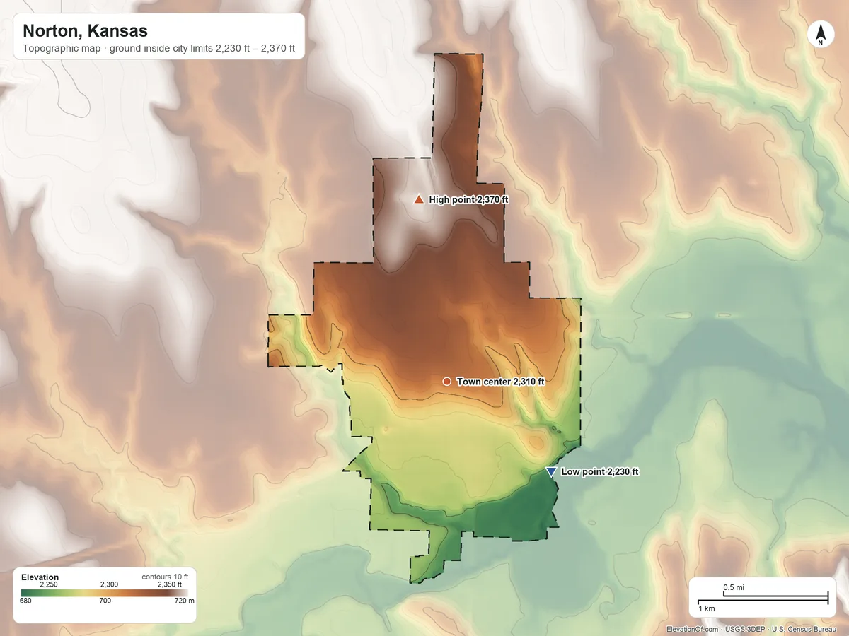 Topographic elevation map of Norton, Kansas, shaded from 2,230 ft on the southeast side to 2,370 ft on the north side
