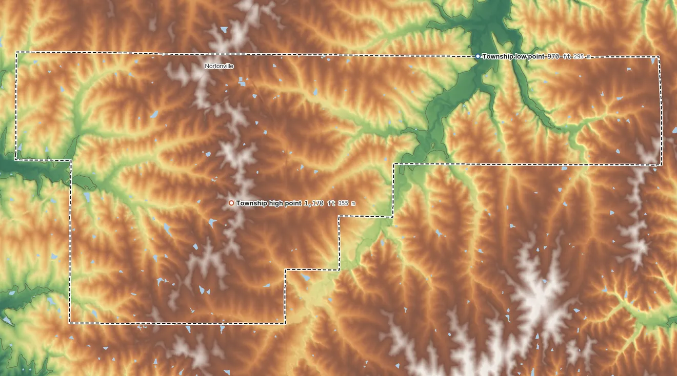 Topographic elevation map of Norton Township, Kansas, shaded from 970 ft on the east side to 1,170 ft on the south side