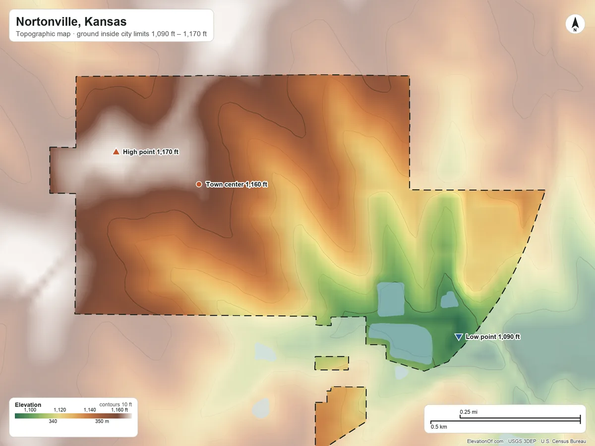 Topographic elevation map of Nortonville, Kansas, shaded from 1,090 ft on the southeast side to 1,170 ft on the west side