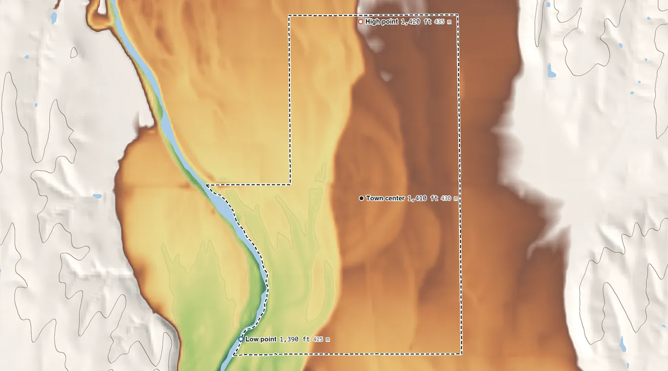 Topographic elevation map of Norway, Kansas, shaded from 1,390 ft on the southwest side to 1,420 ft on the north side