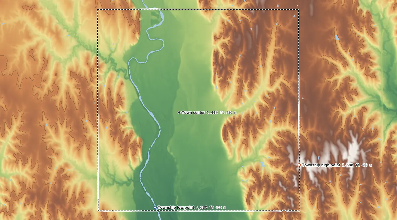 Topographic elevation map of Norway Township, Kansas, shaded from 1,380 ft on the south side to 1,580 ft on the southeast side