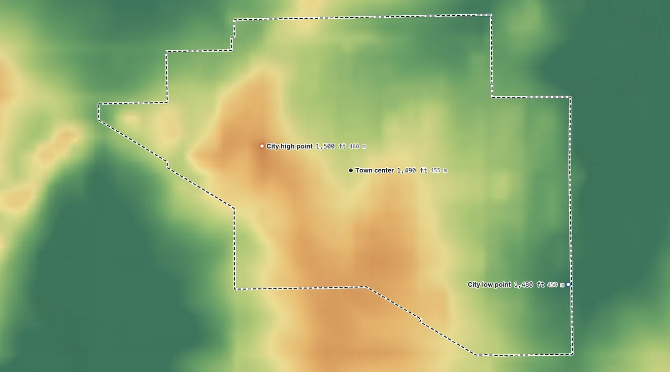 Topographic elevation map of Norwich, Kansas, shaded from 1,480 ft on the southeast side to 1,500 ft on the west side