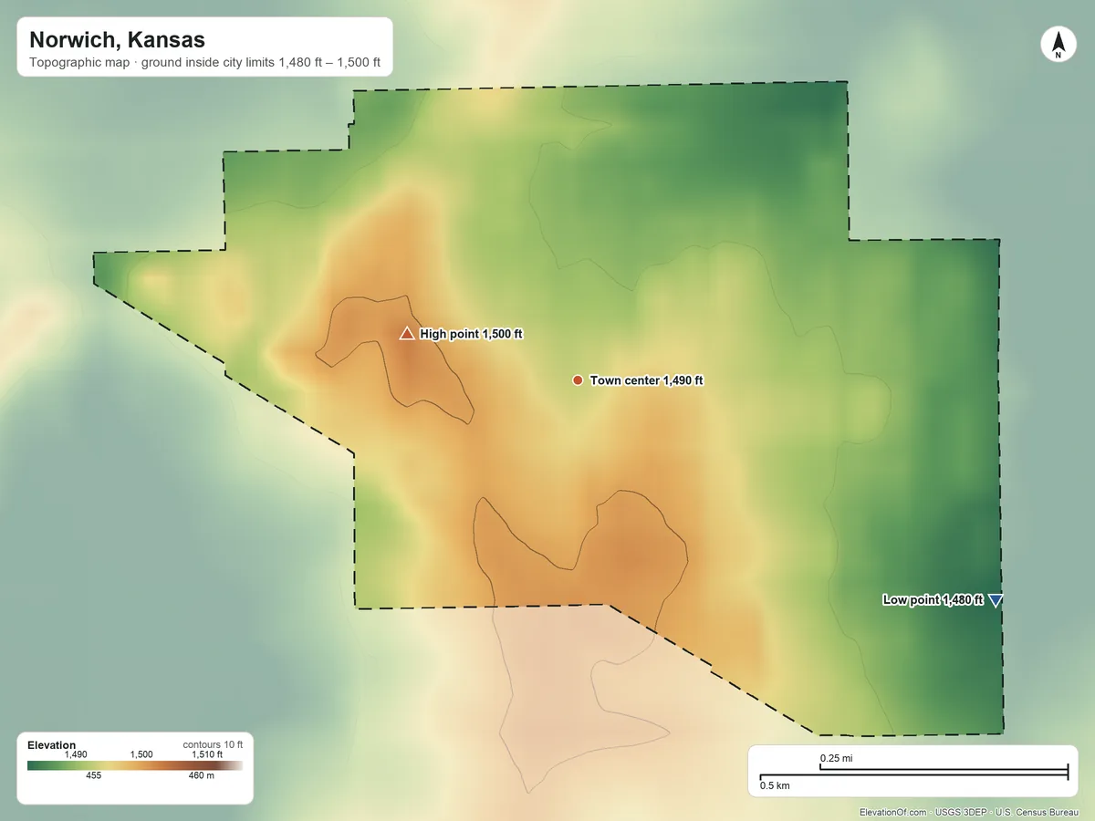 Topographic elevation map of Norwich, Kansas, shaded from 1,480 ft on the southeast side to 1,500 ft on the west side