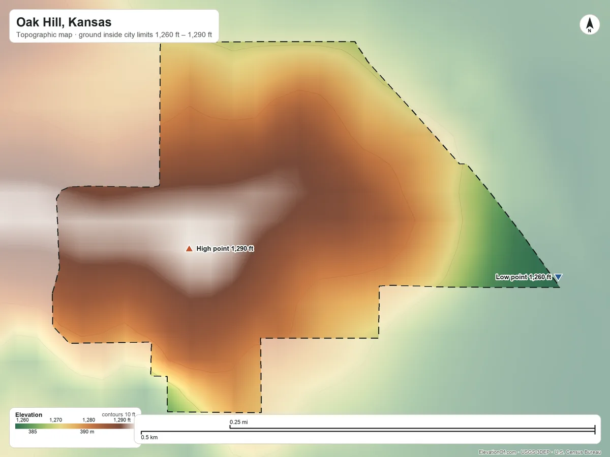 Topographic elevation map of Oak Hill, Kansas, shaded from 1,260 ft on the east side to 1,290 ft on the north side