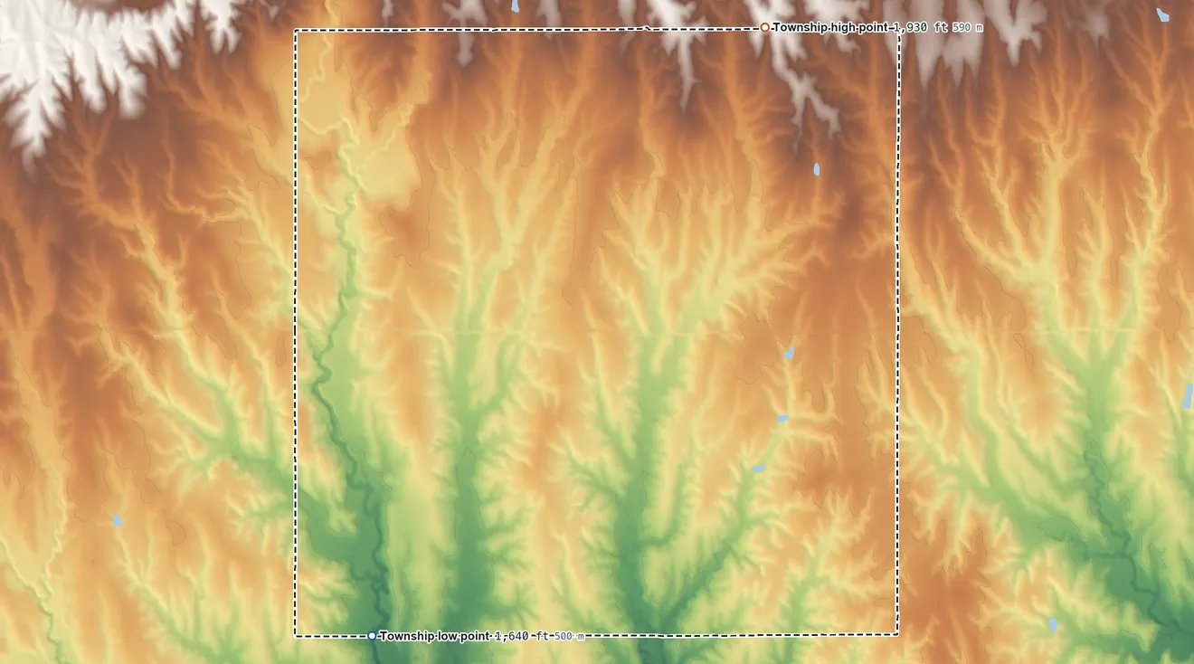 Topographic elevation map of Oak Township, Kansas, shaded from 1,640 ft on the southwest side to 1,930 ft on the northeast side