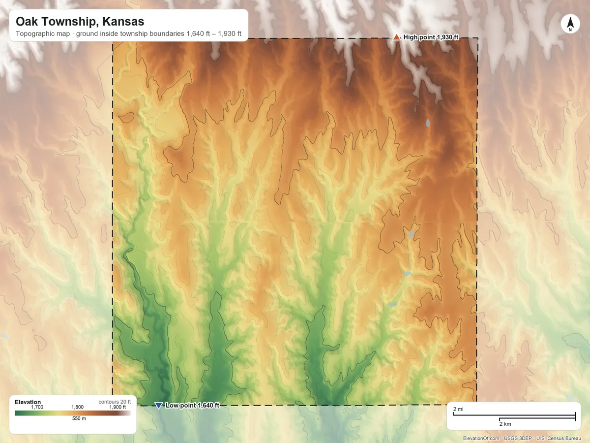 Topographic elevation map of Oak Township, Kansas, shaded from 1,640 ft on the southwest side to 1,930 ft on the northeast side