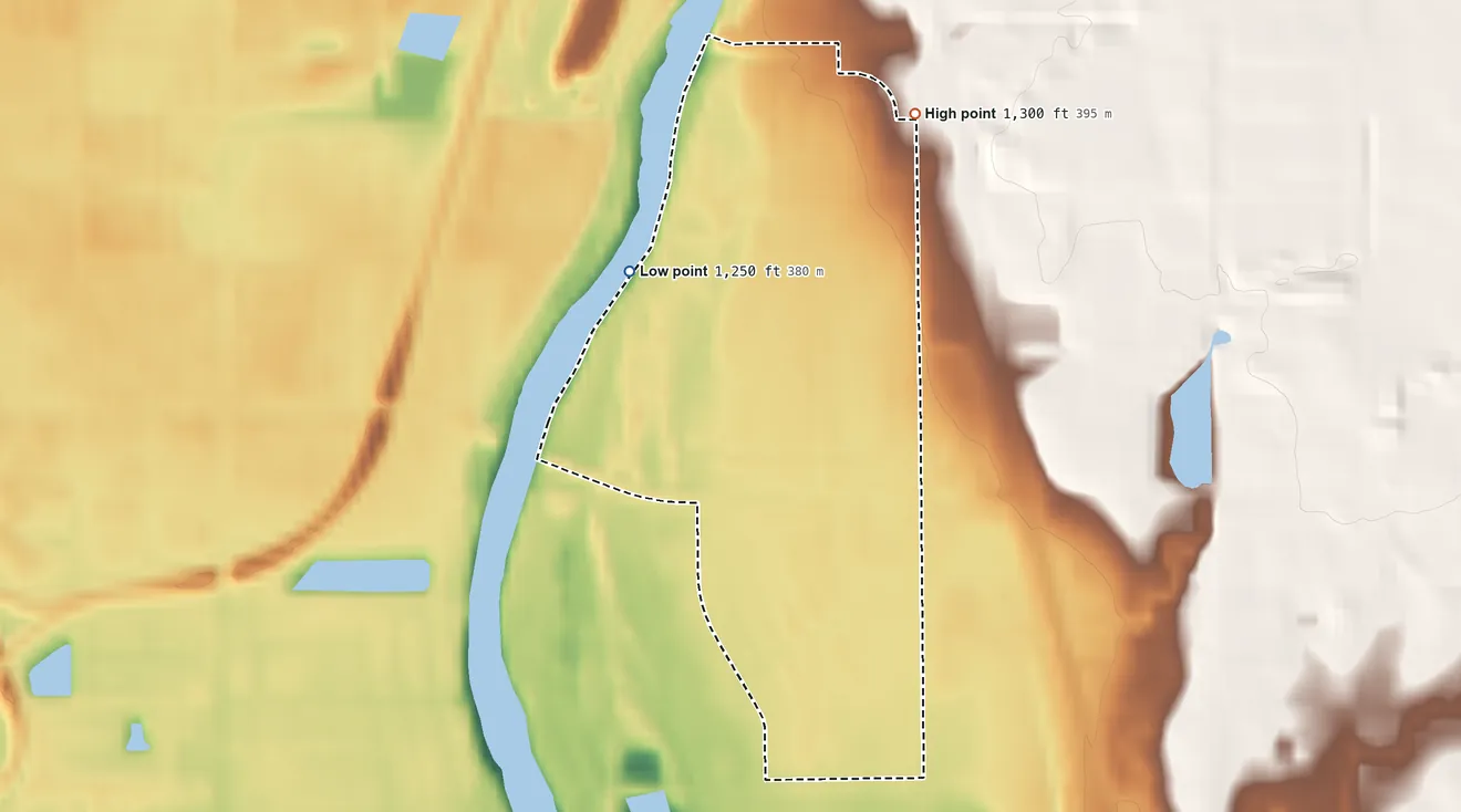 Topographic elevation map of Oaklawn-Sunview, Kansas, shaded from 1,250 ft on the northwest side to 1,300 ft on the northeast side