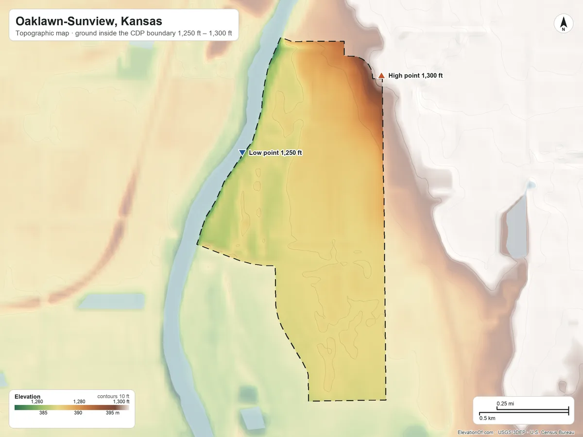 Topographic elevation map of Oaklawn-Sunview, Kansas, shaded from 1,250 ft on the northwest side to 1,300 ft on the northeast side