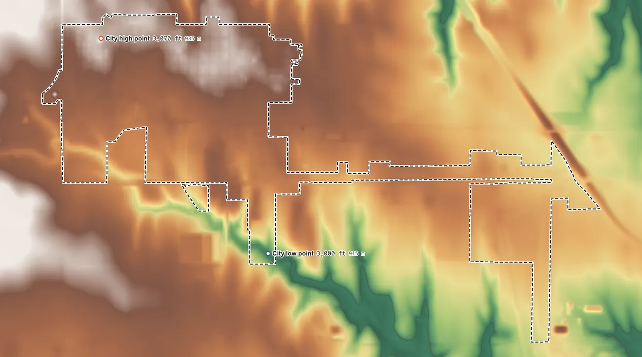 Topographic elevation map of Oakley, Kansas, shaded from 3,000 ft on the southeast side to 3,070 ft on the west side