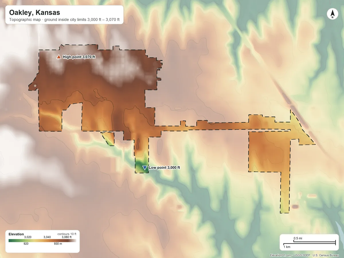 Topographic elevation map of Oakley, Kansas, shaded from 3,000 ft on the southeast side to 3,070 ft on the west side