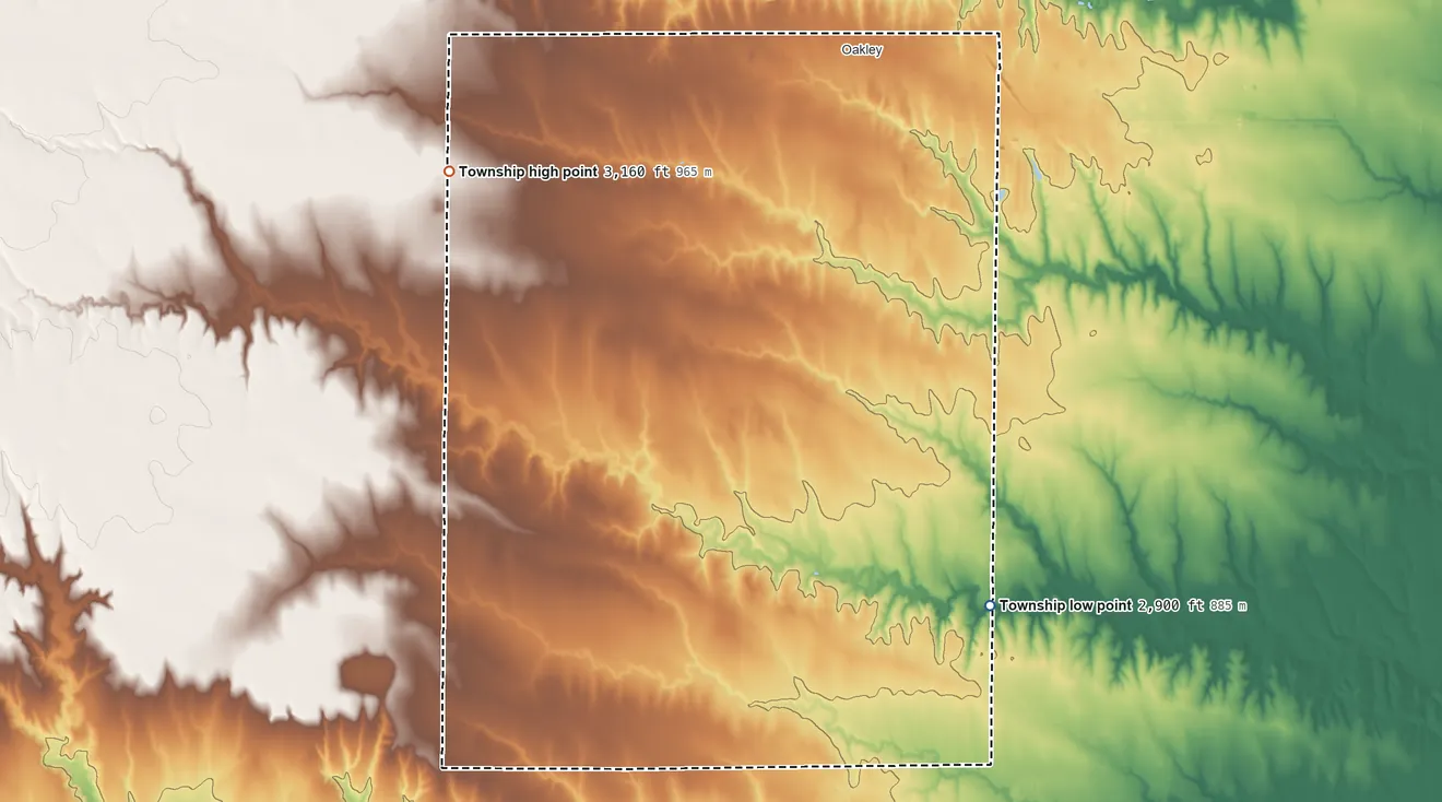 Topographic elevation map of Oakley Township, Kansas, shaded from 2,900 ft on the south side to 3,160 ft on the west side