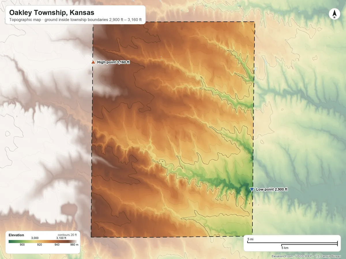 Topographic elevation map of Oakley Township, Kansas, shaded from 2,900 ft on the south side to 3,160 ft on the west side