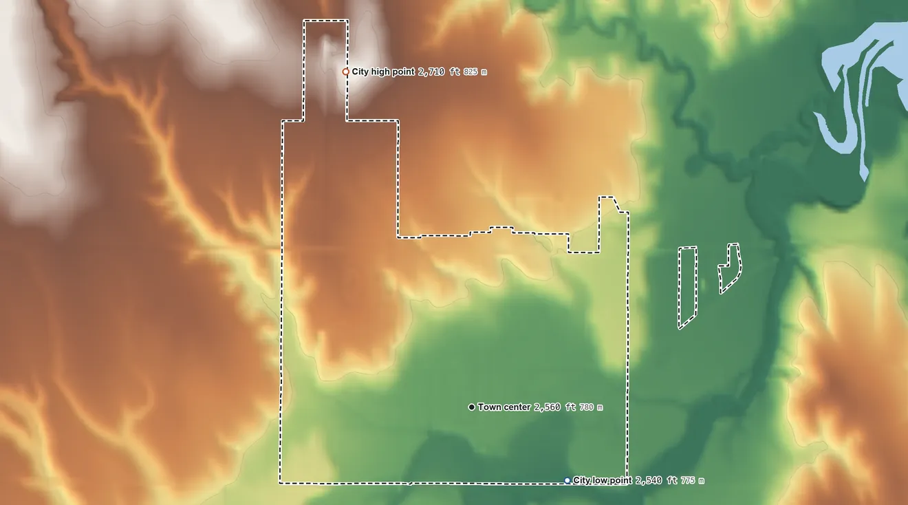 Topographic elevation map of Oberlin, Kansas, shaded from 2,540 ft on the southeast side to 2,710 ft on the north side