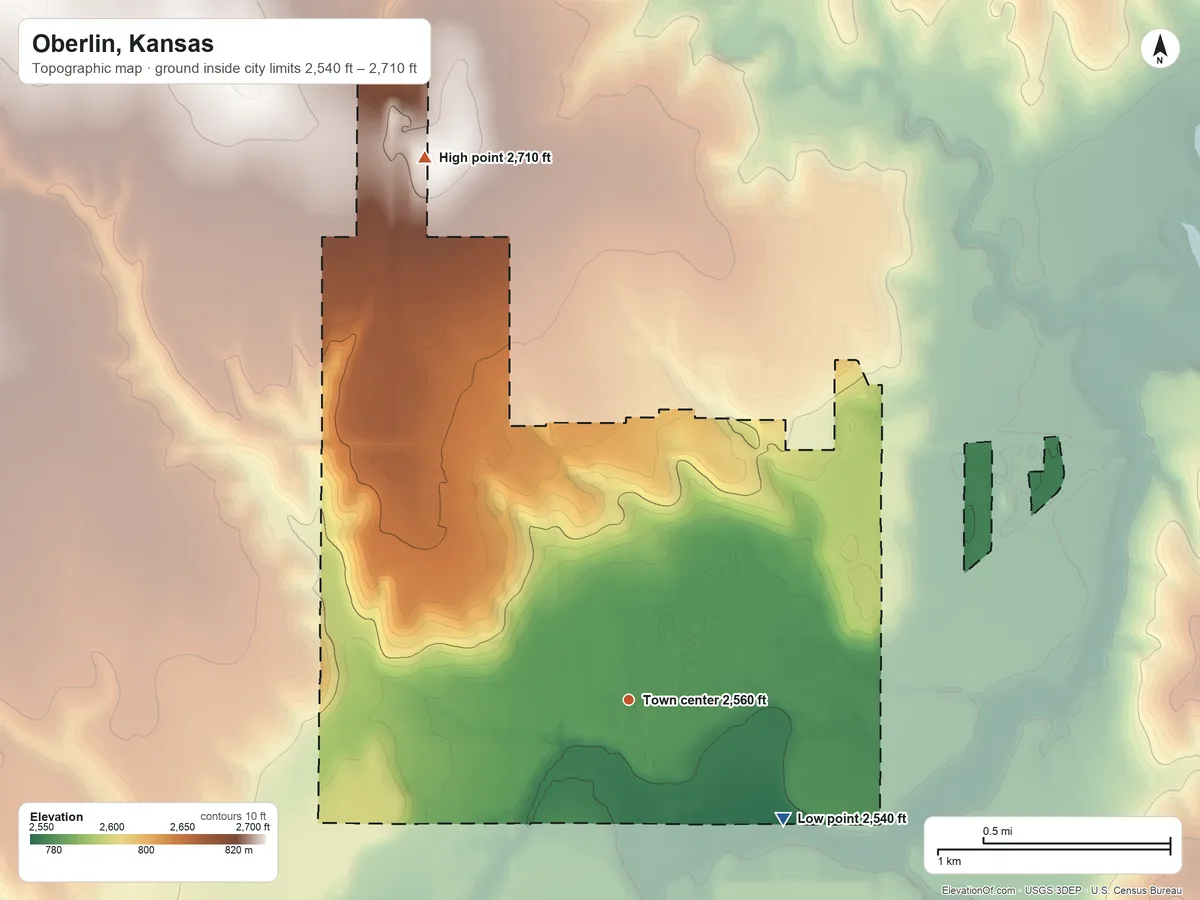 Topographic elevation map of Oberlin, Kansas, shaded from 2,540 ft on the southeast side to 2,710 ft on the north side