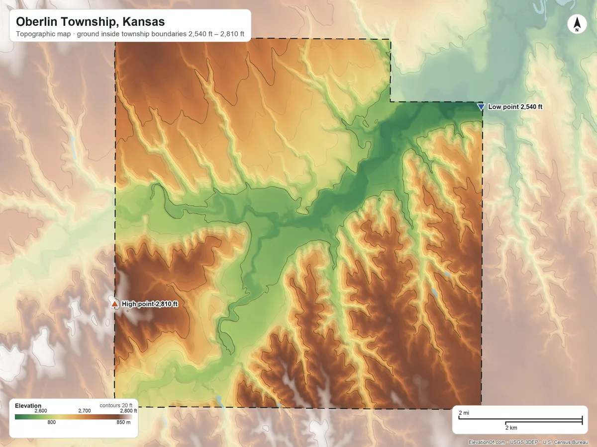 Topographic elevation map of Oberlin Township, Kansas, shaded from 2,540 ft on the northeast side to 2,810 ft on the southwest side