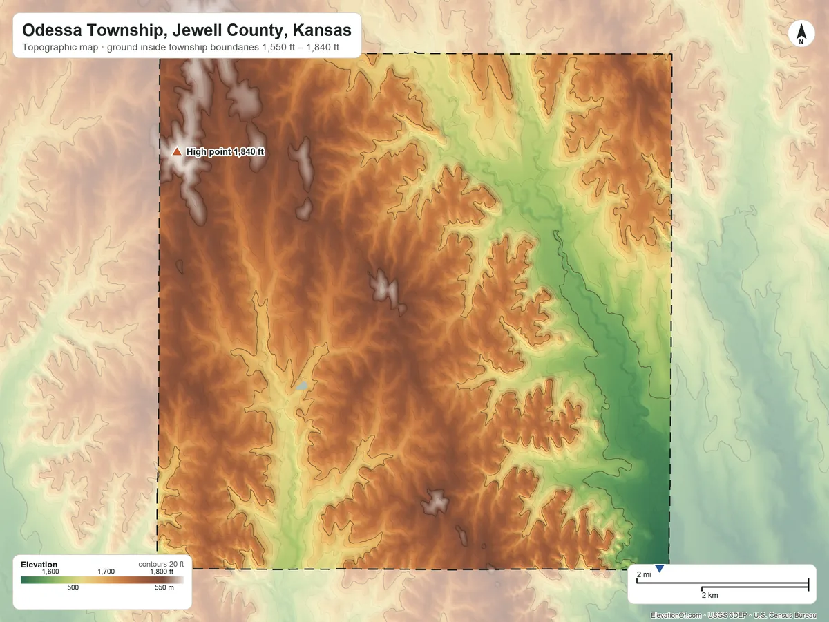 Topographic elevation map of Odessa Township, Jewell County, Kansas, shaded from 1,550 ft on the south side to 1,840 ft on the northwest side