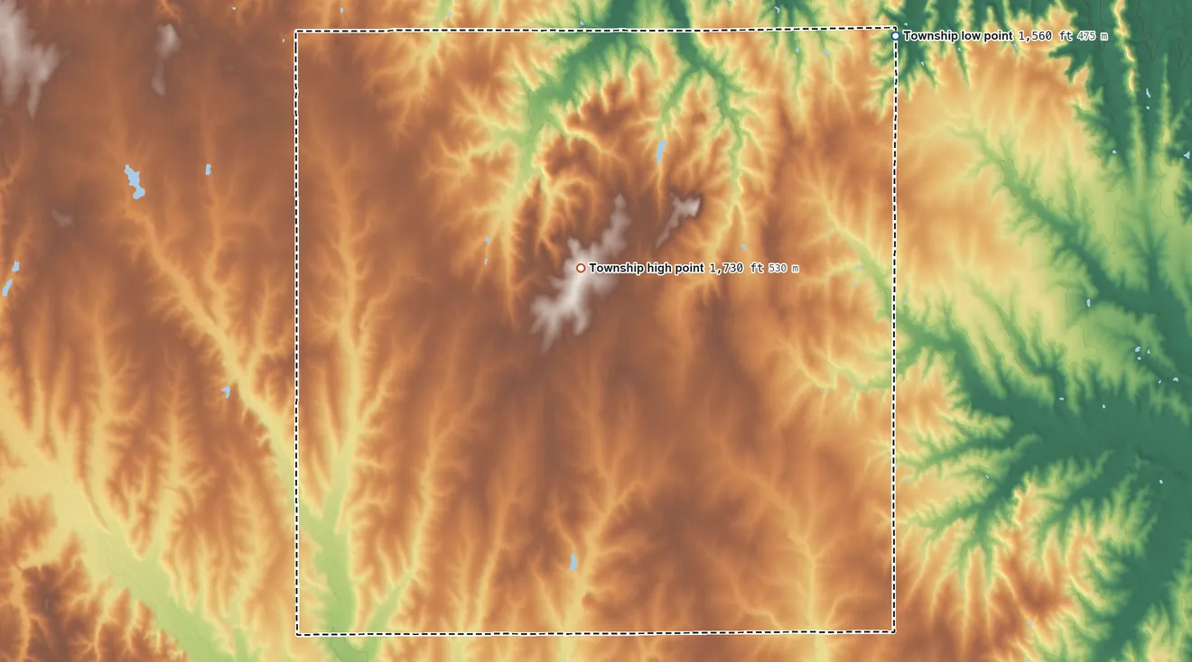 Topographic elevation map of Odessa Township, Kansas, shaded from 1,560 ft on the northeast side to 1,730 ft on the north side