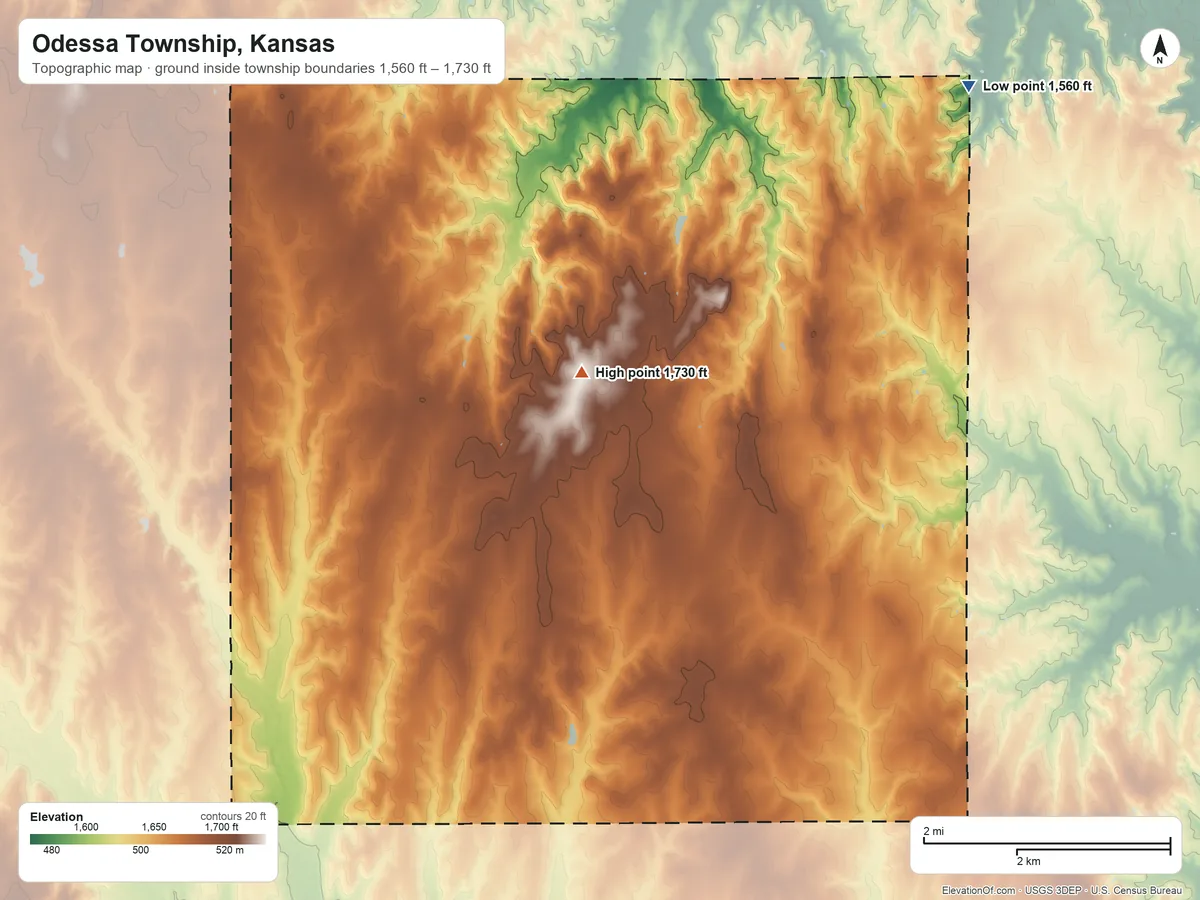 Topographic elevation map of Odessa Township, Kansas, shaded from 1,560 ft on the northeast side to 1,730 ft on the north side