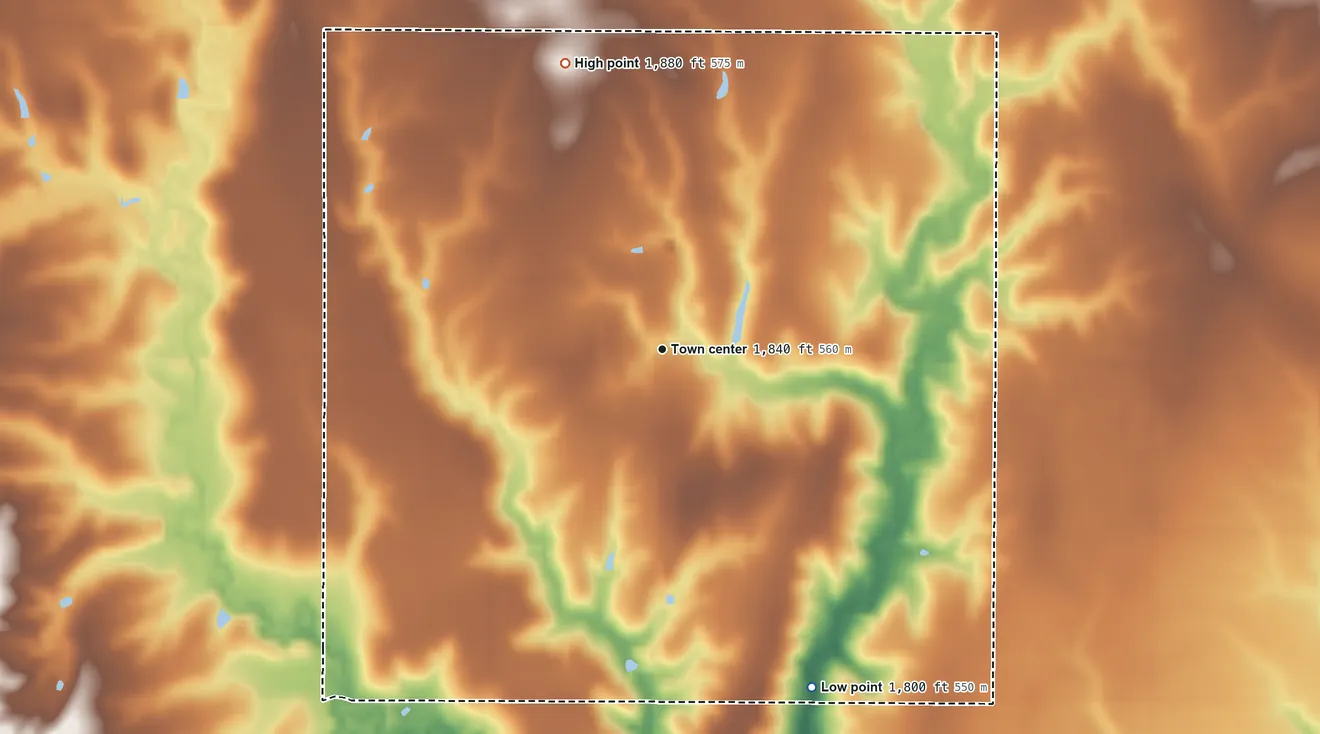 Topographic elevation map of Odin, Kansas, shaded from 1,800 ft on the southeast side to 1,880 ft on the north side